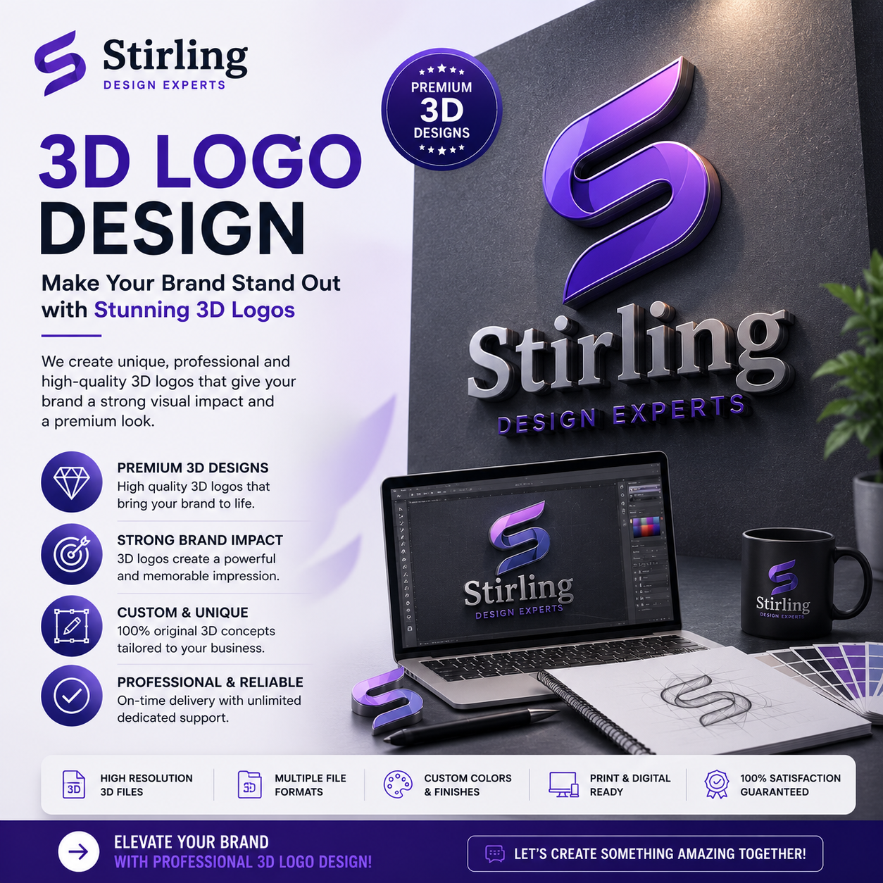 Modern 3D logo design branding graphic by Stirling Design Experts featuring custom 3D logo creation, premium brand identity visuals, and creative business branding elements.