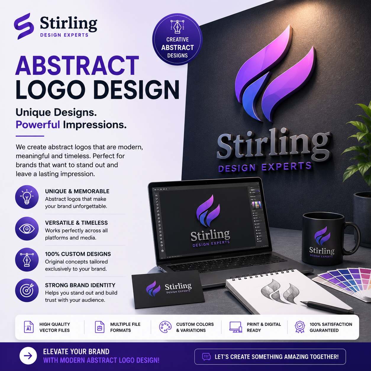 Modern abstract logo design promotional banner by Stirling Design Experts featuring creative branding visuals, custom abstract logo concepts, and professional business identity design.