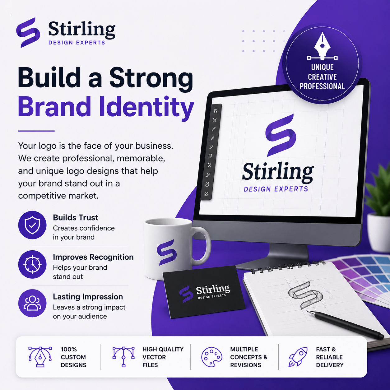 Professional logo design branding graphic by Stirling Design Experts featuring custom logo creation, brand identity development, and modern business branding visuals.