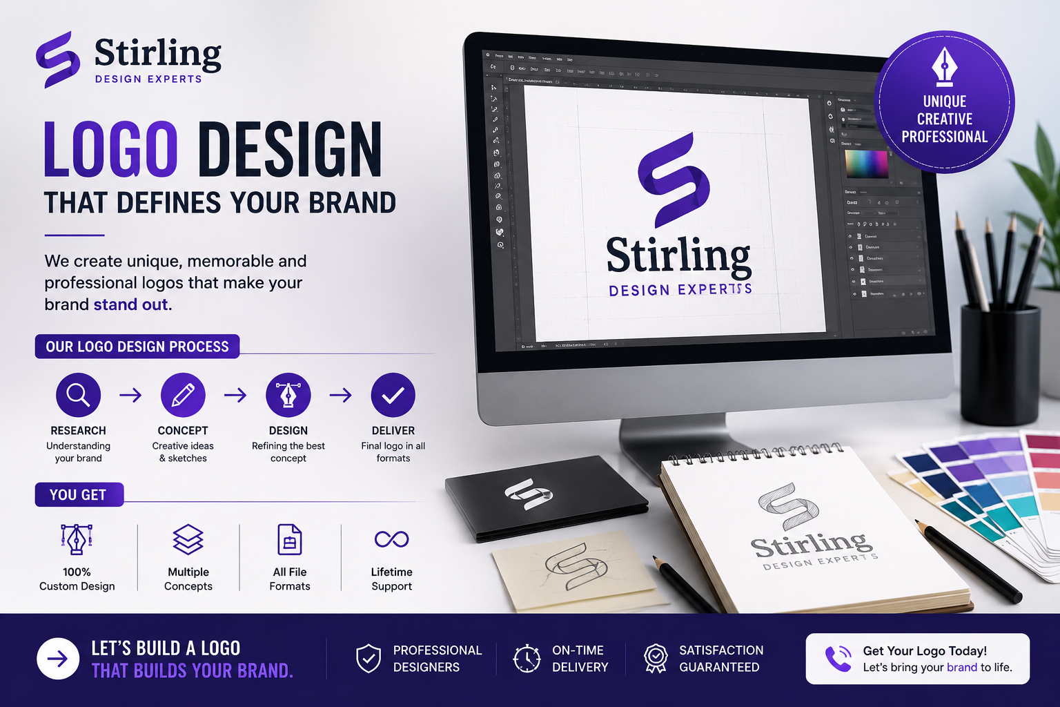 Modern logo design service banner by Stirling Design Experts featuring Adobe Illustrator workspace, custom branding process, and professional logo mockups.